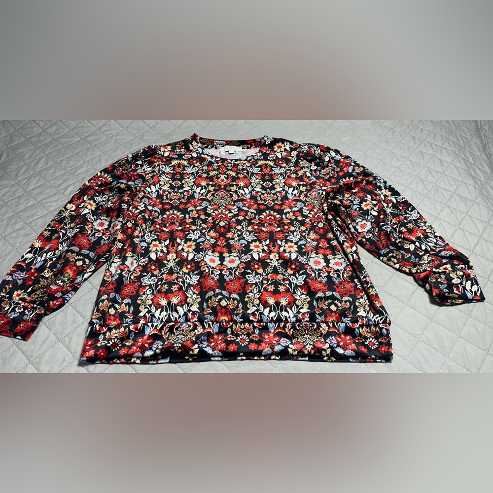 LOFT Black Floral Embroidered Crewneck Top with Red and Cream Accents